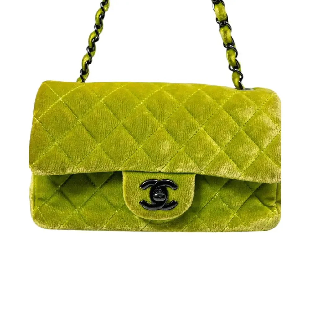 Chanel Velvet Quilted Interlocking CC Classic Flap Small Shoulder Bag Green - Picture 3 of 3